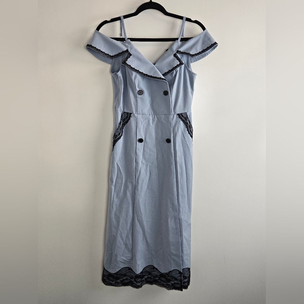 Vintage MAXRIENY Off Shoulder Midi Dress w Lace Accent Sz M Blue